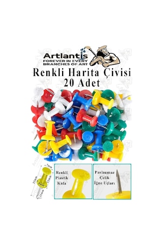 Harita Çivisi Renkli 20 Li 1 Paket Plastik Mantar Pano Raptiyesi Pano İğnesi Ofis Okul Büro Harita Çivisi