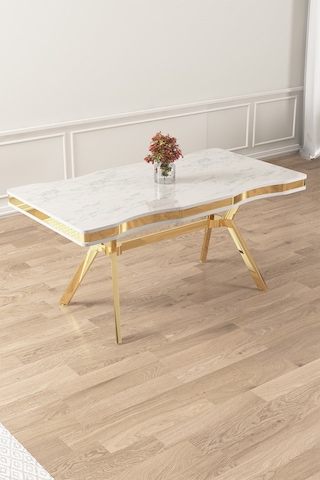 Canisa Vae Serisi 90x160 Lak Panel Beyaz Mermer Desen Gold Ayak Masa Takımı 6 Kahve Sandalye Beyaz Mermer Desen Masa Sandalyeler Kahve