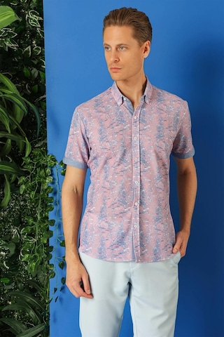Efor Slim Fit Düğmeli Yaka Desenli Kısa Kol Pamuk Lila Gömlek G 1499 Lila
