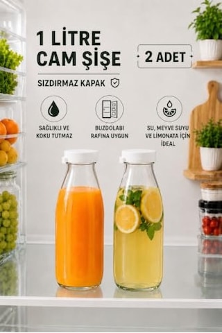 2 Adet Beyaz Plastik Kapaklı 1 Litre Şeffaf Sürahi Süt, Ayran, Su, Limonata Meşrubat Şişesi Cam Şişe