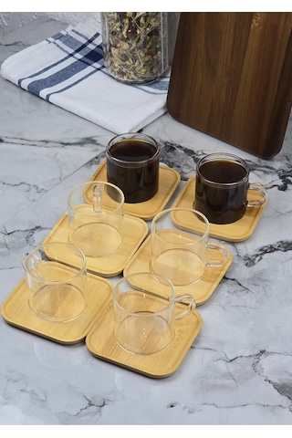 6lı Kahve Fincan Takımı - Bambu Tabaklı Kahve Fincan Seti - 12 Parça - 100 Ml Şeffaf