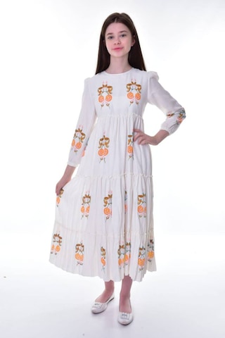 Kız Çocuk Pamuklu Keten Uzun Boydan Astarlı Elbise Açık Turuncu-krem