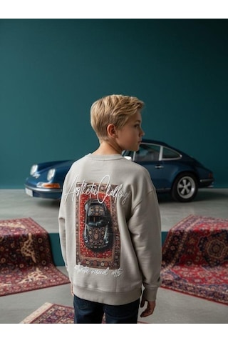 Zekids Erkek Çocuk Sırtı Araba Baskılı Tasarım Sweatshirt-16619 Gri