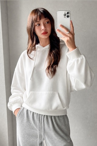 Cool Tarz Kadın Oversize Hoodie Sweatshirt Kapüşonlu Kanguru Cepli Beyaz Beyaz