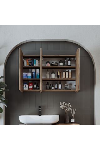 Banyo Dolabı Kulpsuz 3 Kapaklı Mdf 90 Cm Aynalı Banyo Dolabı Atl Atlantik Çam