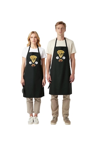 Erkek Unisex Aşçı Önlüğü Eritilmiş Pizza İskelet Baskılı Mutfak G Siyah