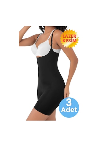 Uniquetrenders Kadın Lazer Kesim Ve Toparlayıcı Tam Boy Askılı Korse 3'lü Set Siyah