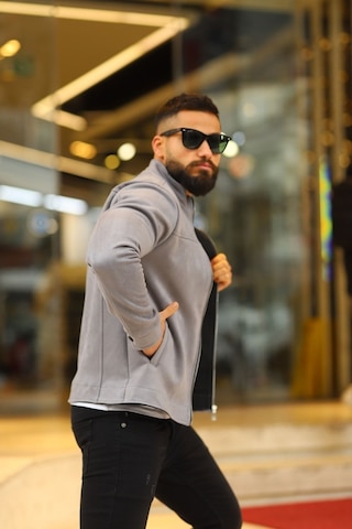Premium Örme Triko Kol Dik Yaka Süet Ceket Gri