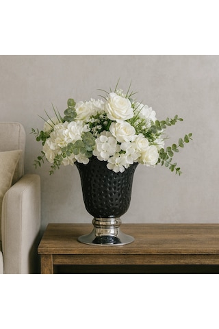 Siyah Dokulu Vazo Beyaz Gül & Ortanca Yapay Aranjman Salon