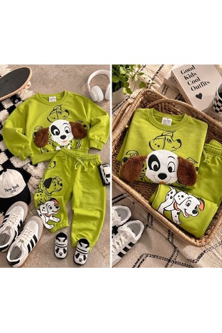 Lolliboomkids Erkek Çocuk Peluş 3d Kulak Sallantı Detaylı 3 İplik Sevimli Köpek Alt Üst Takım Yeşil
