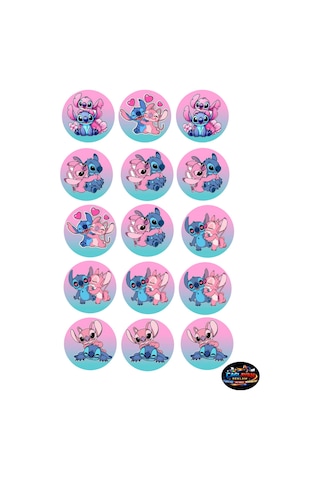 Stitch & Angel Tatlı Uyum Sticker Seti 15 Adet Pembe Mavi Yuvarlak Laptop Ve Defter Çıkartması