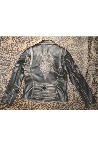 Nyc Giyim Tekstil & Deri Hakiki Deri Kadın Ceket Slim-fit Biker Şeytan Figürlü Mont Siyah - Kahverengi