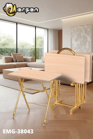 Eranş Serisi 4'lü Katlanır Mdf Mebran Ahşap Çanta Zigon Sehpa Gold Ayak Krem Ahşap Desen Gold Ayak