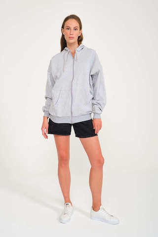 Harmandar Baskısız Unisex Gri Cepli Kapüşonlu Fermuarlı Sweatshirt Hırka Gri