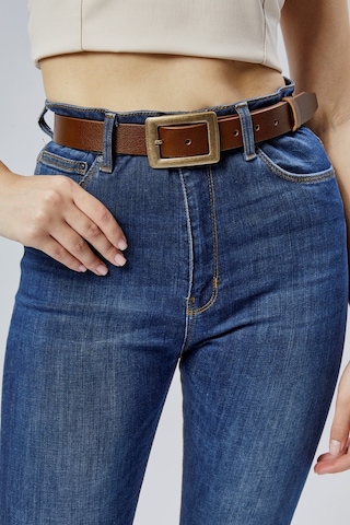 %100 Hakiki Deri Antik Sarı Tokalı Kadın Kemeri 3cm Açık Kahverengi