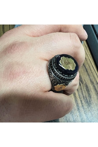 Kehribar Üzeri Osmanlı Tuğralı Ay Yıldızlı Gümüş Erkek Yüzük