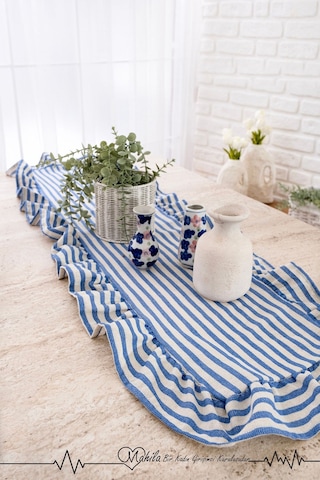 Lacivert Çizgili 40x125 Şık Tasarım Ekstra Büyük Fırfırlı Runner, %100 Keten Runner Bej