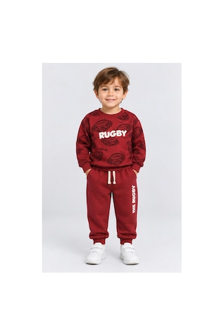 Ahengim Erkek Çocuk Rugby Topu Baskılı Pamuklu Sweatshirt Ve Pantolon Eşofman Takımı Ak119 Kırmızı