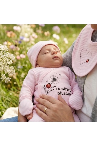 Lexroo %100 Pamuk Yenidoğan Bebek Hastane Çıkış Seti En Güzel Dileğim Yazılı Pembe 5'li Bebek Takımı