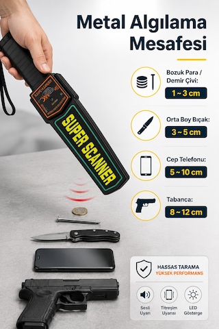 Md-3003b1 El Tipi Metal Dedektörü Üst Arama Güvenlik Cihazı 9v Pil Dahil