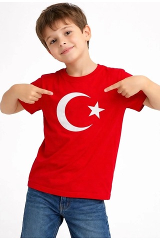 Mzpkartan Erkek Çocuk Tişört Bisiklet Yaka Ay Yıldız Bayrak Baskılı T-shirt - Kırmızı