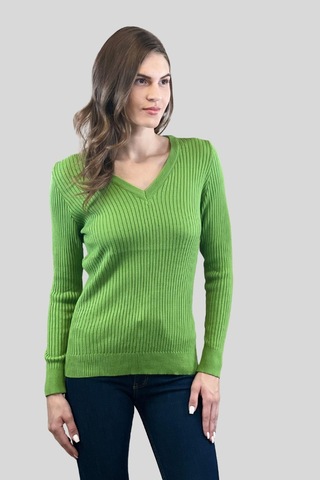 Miss Poem Kadın V Yaka Slim Fit Fitilli Uzun Kışlık Ekru Triko Kazak Yeşil