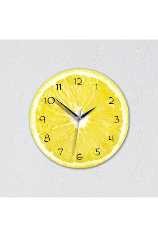 Cajuart Dekoratif Ahşap Limon İçi Canlı Yuvarlak Mutfak Duvar Saati Ahşap