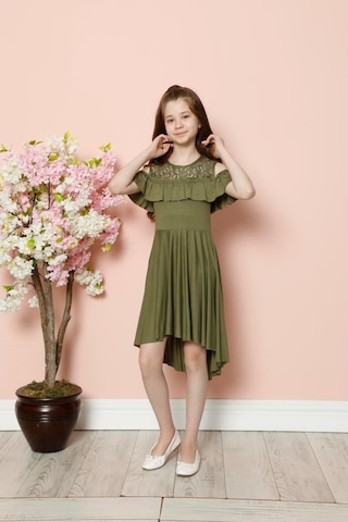 Aymeravm - Omuz Pencereli Göğsü Dantelli Kız Çocuk Elbise - C... (536885580) Haki