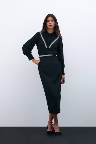 Sateen Bel Aksesuarlı Midi Etek - Siyah-135584 Siyah