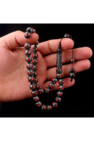 Kırmızı Mineli 925 Ayar Gümüş İşlemeli Kuka Tesbih