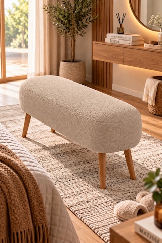 Lona Bukle Kumaş Modern Bench Puf Çok Amaçlı Yatak Ucu Ve Antre Bankı Krem