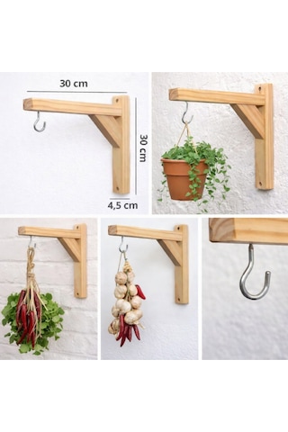 Doğal Ahşap Duvara Montaj Askı Aparatı Balkon & Bahçe İçin Dekoratif Saksı Askısı 30 Cm Bej