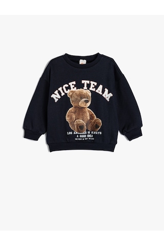 Koton Sweatshirt Uzun Kollu Ayıcık Baskılı Şardonlu Bisiklet Yaka Lacivert 5wmg10125ak