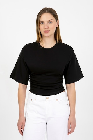 Hdm Kadın Siyah Yanları Büzgülü Kısa Kol T-shirt - H6085