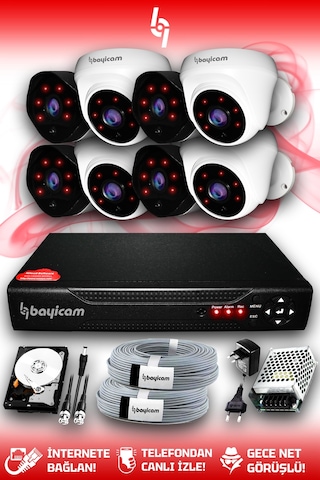 Bayicam 8 Kameralı Uzay 4 İç Kamera Set 320 GB HDD Full HD Gece Görüşlü Güvenlik Kamerası Sistemi