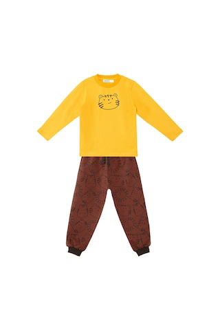 Denokids Sevimli Kedi Erkek Bebek T-shirt Pantolon Takım Kahverengi - Sarı