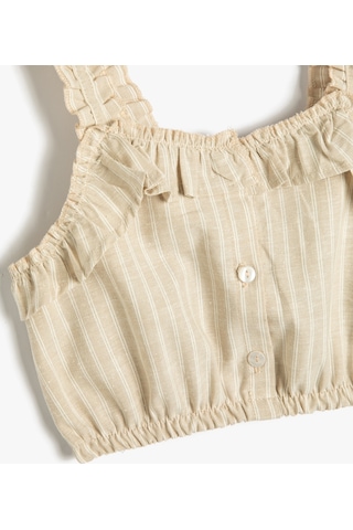 Koton Crop Bluz Askılı Fırfırlı Düğmeli Bej Çizgili 3skg60041aw 3SKG60041AW0S5 Ekru