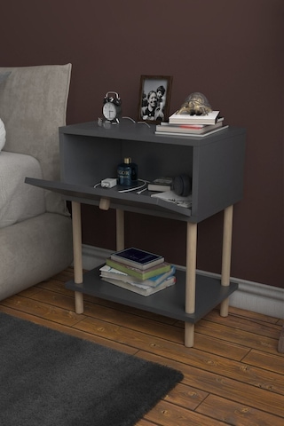 Düşer Kapaklı Raflı Modern Komodin Yatak Odası Başucu Düzenleyici Ahşap Ayaklı Yan Sehpa - Antrasit Antrasit