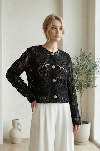 Sayzen Your Shine Dantel Desenli Gold Düğmeli Basic Ceket Shn-2602-tg Siyah