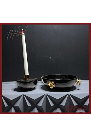 Şık Siyah Mermer Mumluk Ve Kase Seti Altın Detaylı Lüks Ev Deko