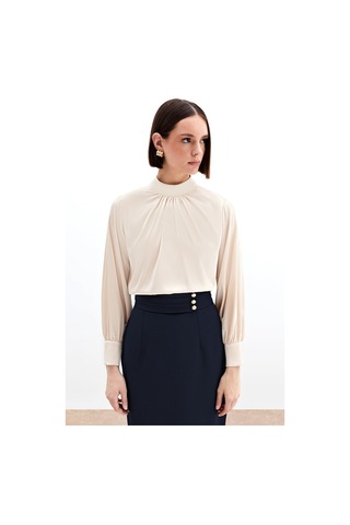 Sateen Yaka Detaylı Saten Bluz - Bej-130534 Bej