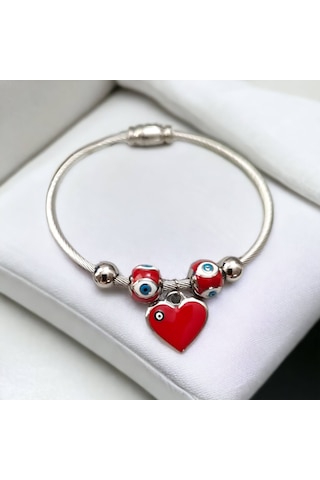Bayan Çelik Kalp Nazar Boncuklu Gümüş Renk Kararmaz Mıknatıslı Kadın Bileklik Çelik