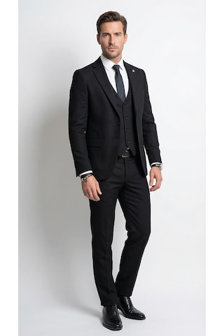 Erkek Klasik Slim Fit Armürlü Kumaş Tek Düğmeli Çift Yırtmaçlı Klasik Yaka Takım Elbise 7 Drop Siyah