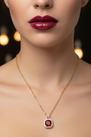 Altın Renk Kare Bordo Taş Sf Zincir Çelik Kolye - 3742 Çok Renkli