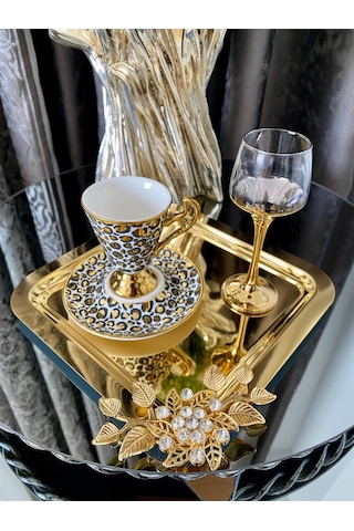 Atabey Home Collection 6'lı Kahve & Çay & Sunum Tepsisi Gold Lüx Kristalize Taşli Model