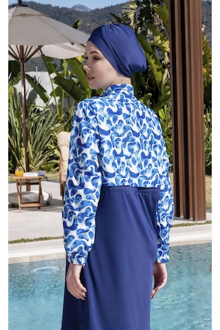 Mayom Tam Kapalı Crop Model Mavi Desenli Tesettür Mayo - 2525 Lacivert-mavi