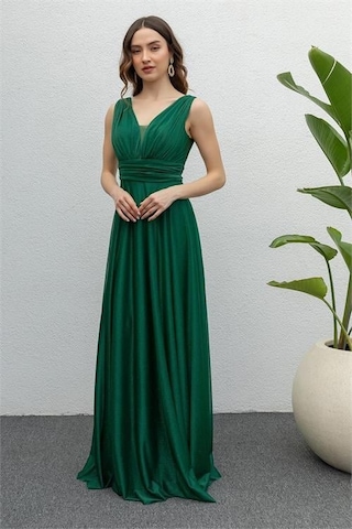 Dipmoda Kadın Zümrüt Drapeli Tül Abiye Elbise Dp2030 Yeşil