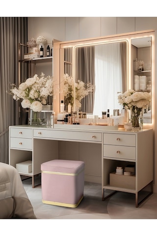 Zengo Gold Twin Line Kare Puf -pembe Kumaş, Dekoratif Makyaj Masası Pufu-modern Style