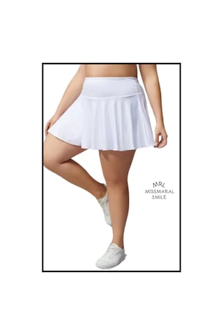 Büyük Beden Etek Içi Şortlu Ekru / Beyaz Yüksek Bel Volanlı Deniz Şortu Skirt With Shorts Curve Ekru / Beyaz
