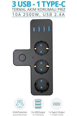 3'lü Akım Korumalı Priz Çoğaltıcı 2500w / 3xusb 2.4a / Pd Hızlı Ş Diğer